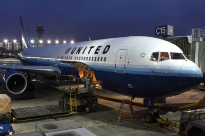 A photo of United Airlines Boeing 767-300 gets loaded at Chicago O'Hare