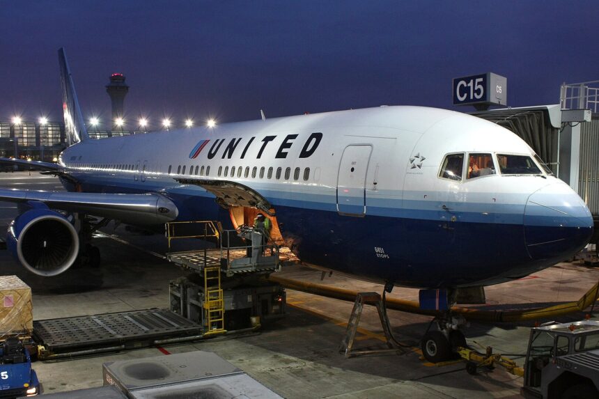 A photo of United Airlines Boeing 767-300 gets loaded at Chicago O'Hare