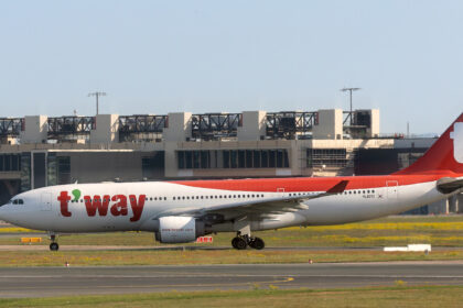 T'way Air Airbus A330-200 at Frankfurt Airport arriving from Seoul, Incheon Airport.
