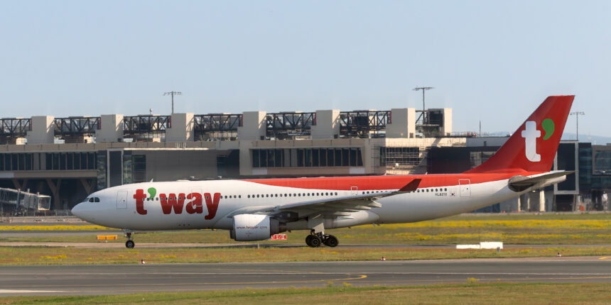 T'way Air Airbus A330-200 at Frankfurt Airport arriving from Seoul, Incheon Airport.