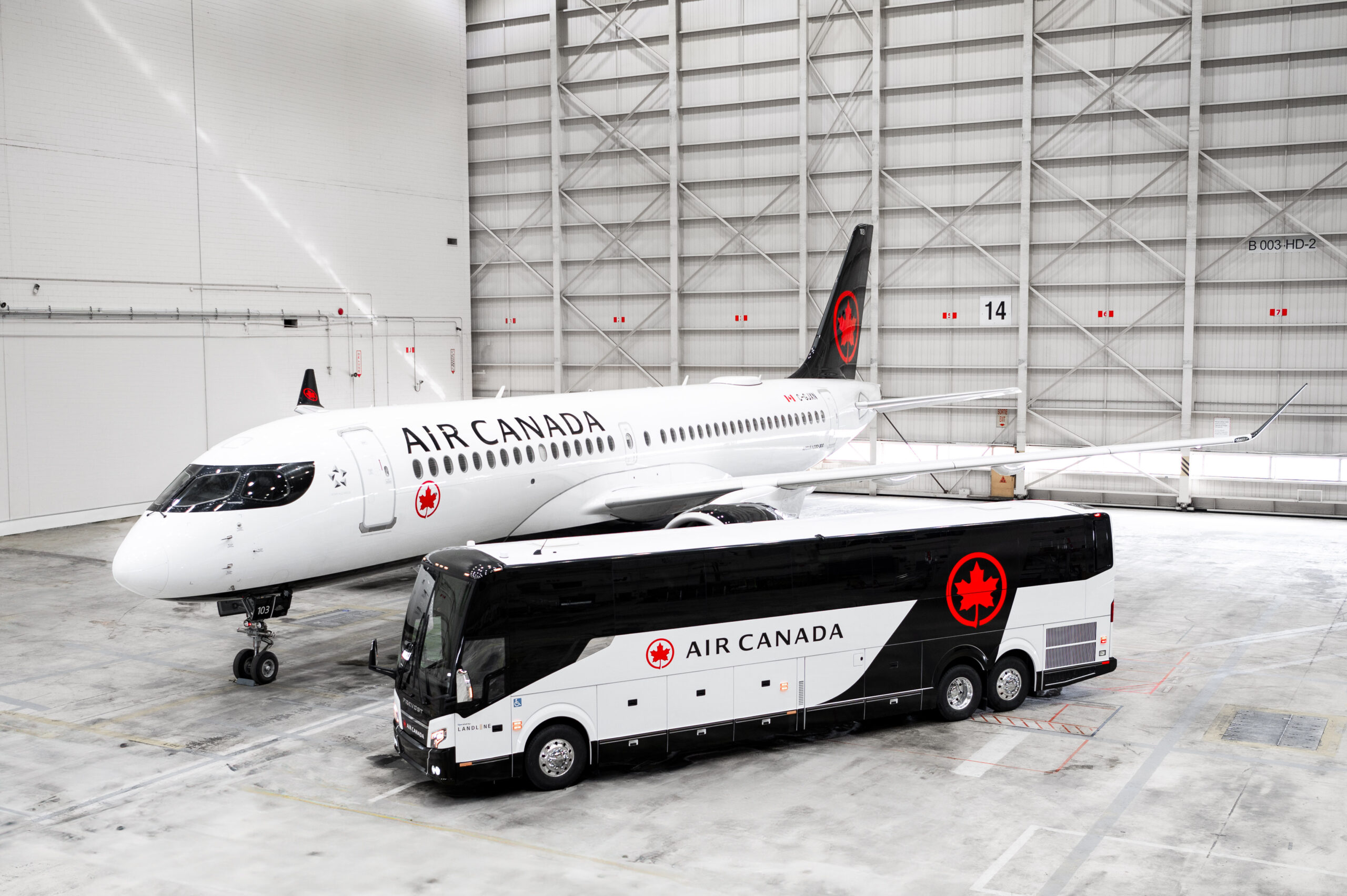 Air Canada aircraft and The Landline Company motorcoach