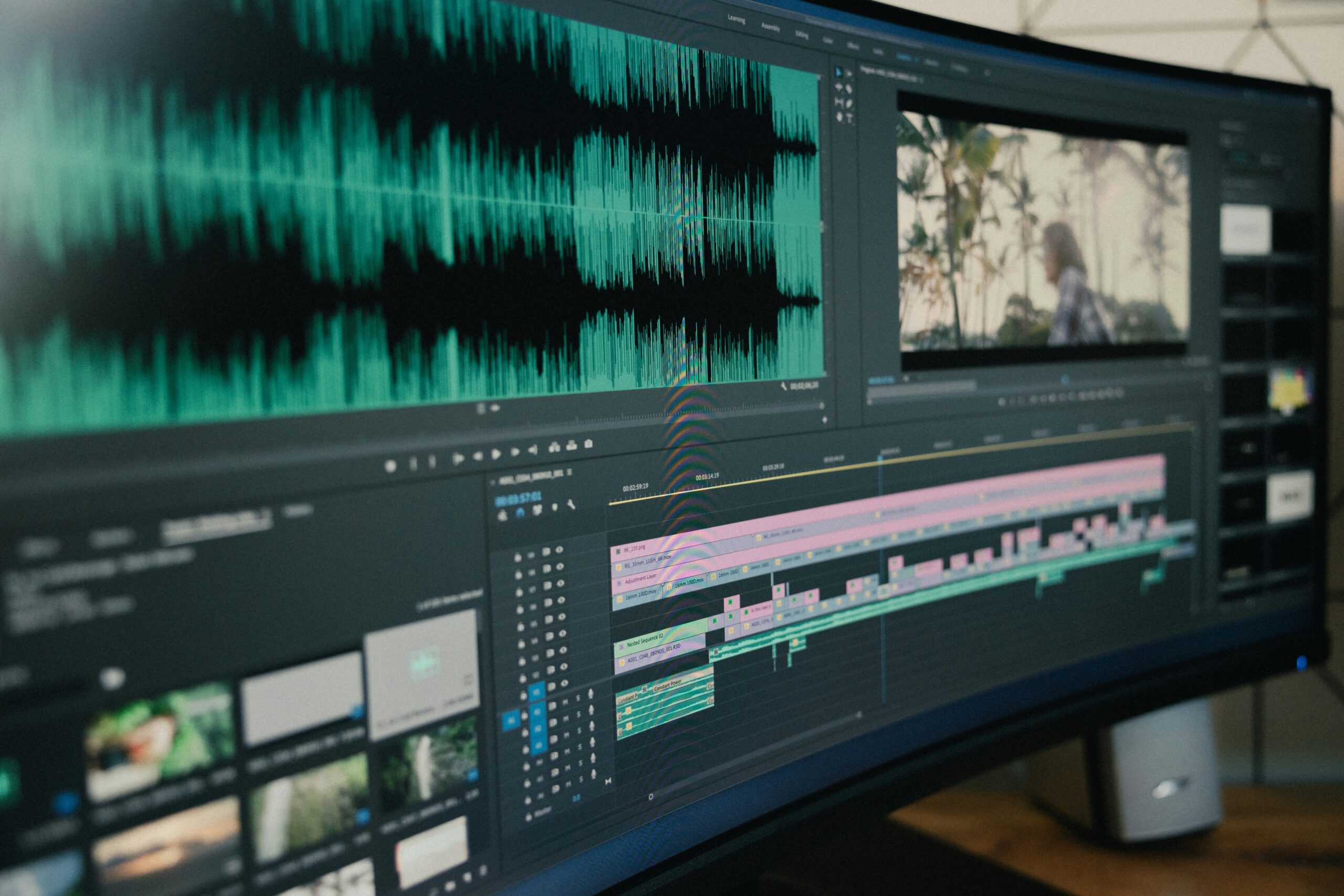 Close-up of a video editing software on a widescreen monitor, displaying audio waveforms, a video preview, and a detailed timeline with edits.
