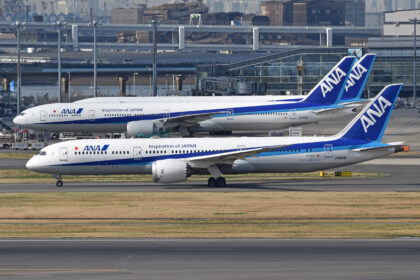 An image of a series of ANA Boeing 787-9 aircraft at Haneda International Airport, Tokyo, Japan.