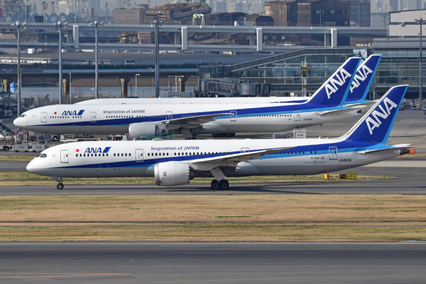An image of a series of ANA Boeing 787-9 aircraft at Haneda International Airport, Tokyo, Japan.