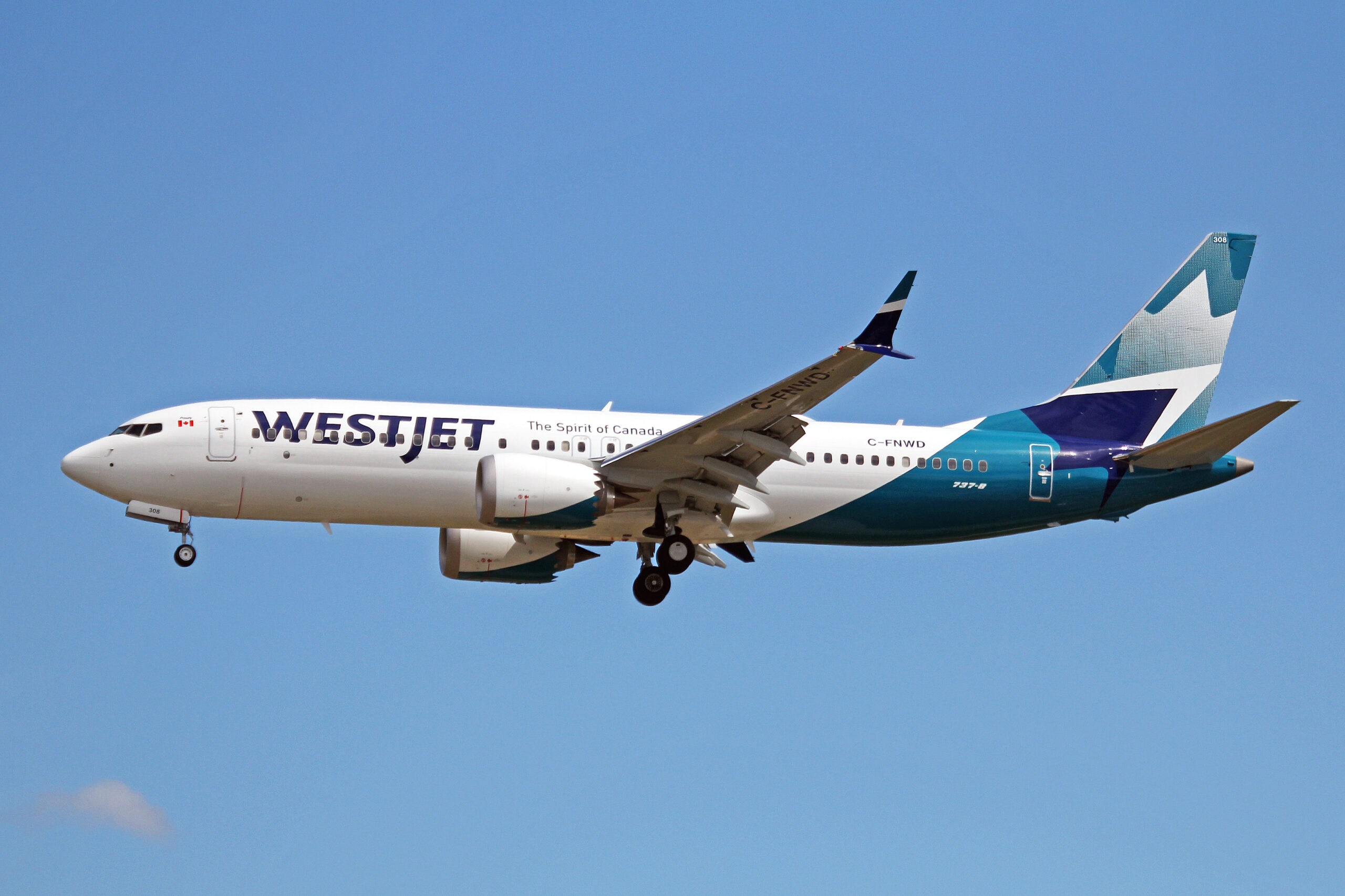 WestJet Boeing 737 Max 8 flying through the air