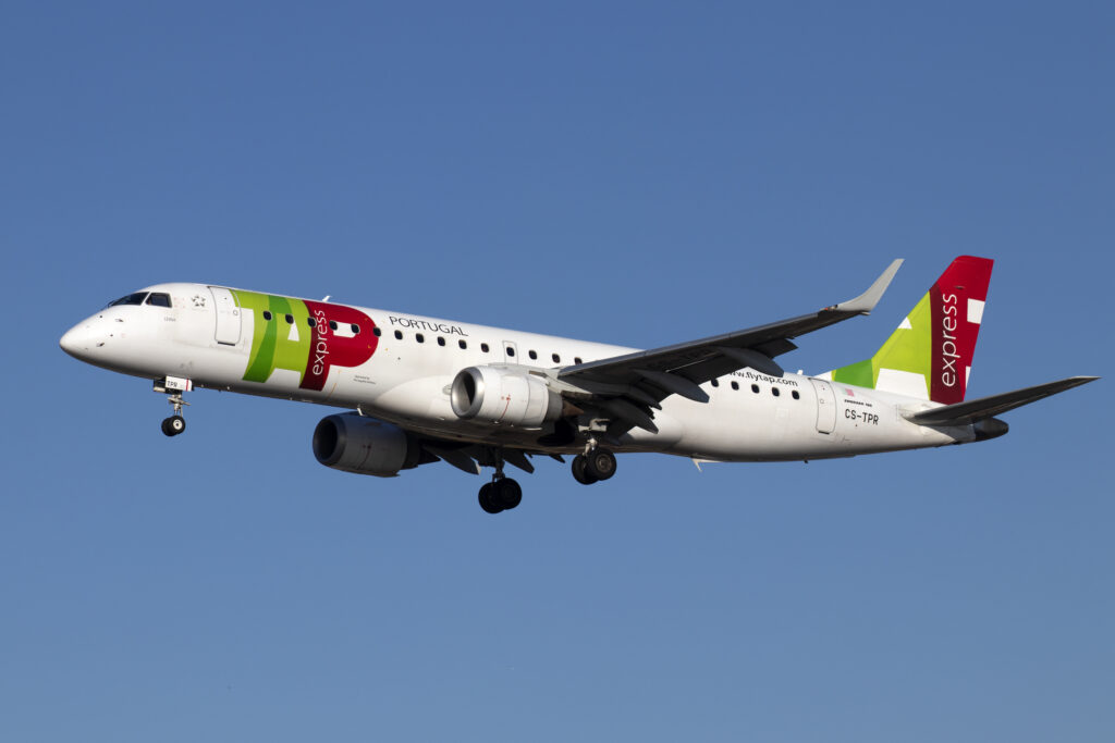 An Embraer E190 flown by Portuguese Airline TAP Express.