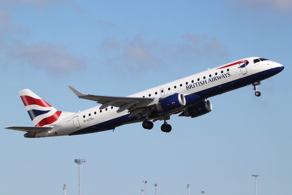 An Embraer E190 for BA CityFlyer taking off from Palma de Mallorca Airport.