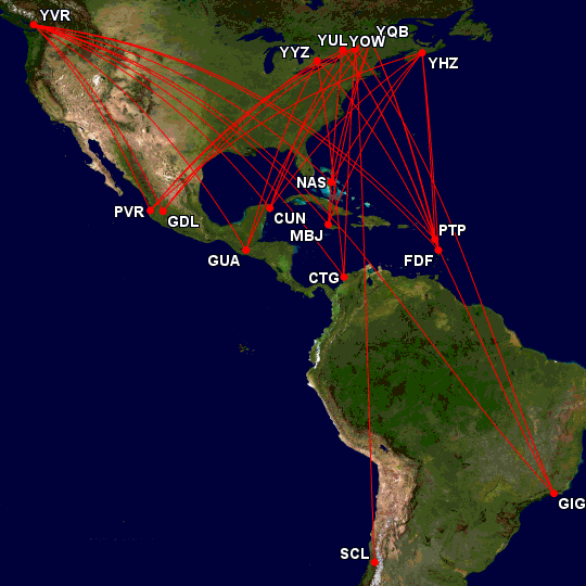 Map of new routes for Air Canada Winter 2025