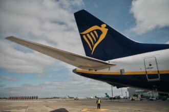 Tail of Ryanair aircraft.