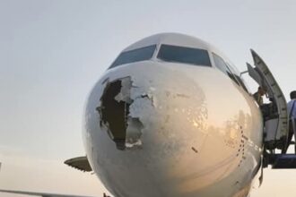 IndiGo A321-251NX encounters a severe hailstorm while approaching Srinagar Airport, damaging the aircraft's nose cone.
