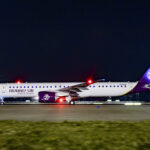 An image of Hunnu Air's new E195-E2 aircraft at Beijing Daxing Airport, China.