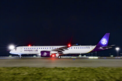 An image of Hunnu Air's new E195-E2 aircraft at Beijing Daxing Airport, China.