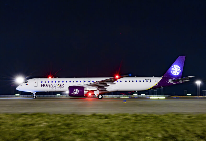An image of Hunnu Air's new E195-E2 aircraft at Beijing Daxing Airport, China.