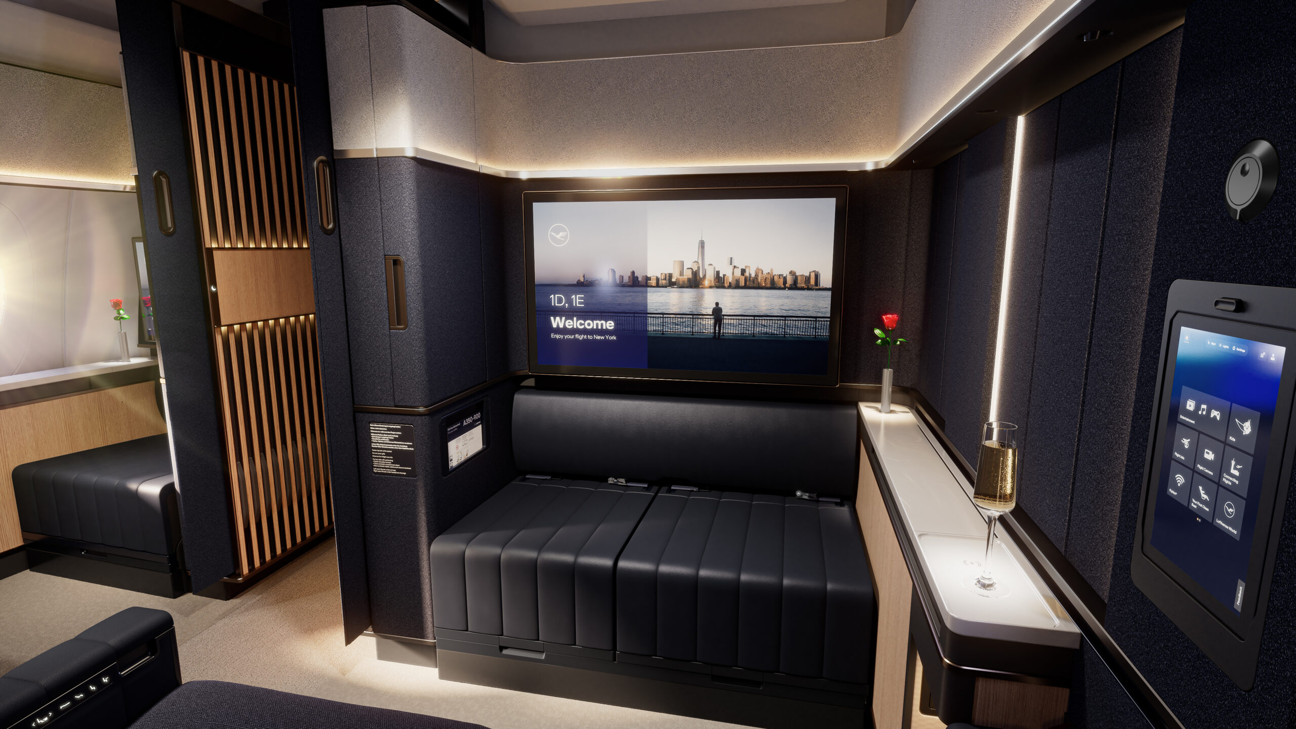 Lufthansa First Class Suite Plus interior with luxury seating, flat screen display, and champagne service.