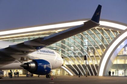 An Air Samarkand Airbus on the runway