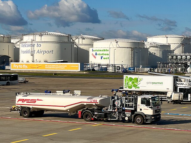 A photo of a Sustainable Aviation Fuel advertisement at Frankfurt airport