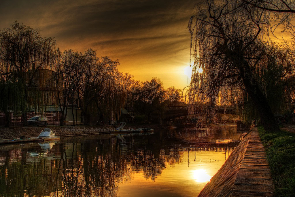 A view of the Bega River in Timisoara at sunset