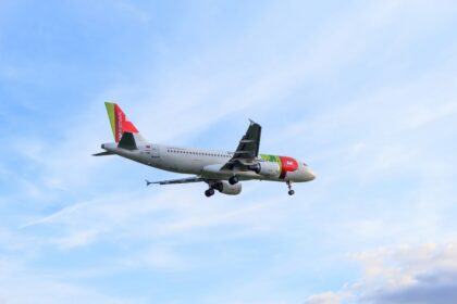 Aeroplane with colourful tail and engines, flying against a backdrop of a bright blue sky with scattered clouds. The scene feels calm and serene.