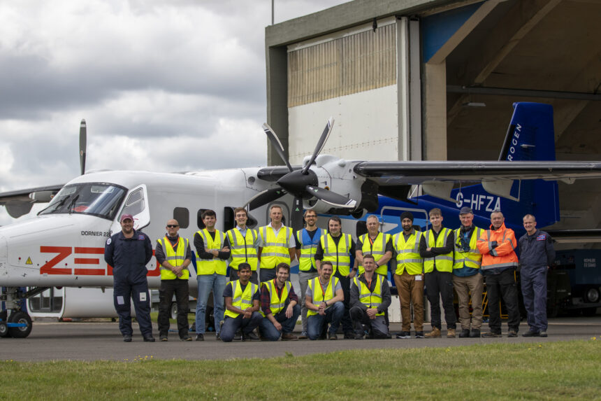 ZeroAvia's flight test and aircraft maintenance team celebration of 10th test flight of Dornier 228 testbed in July 2023.