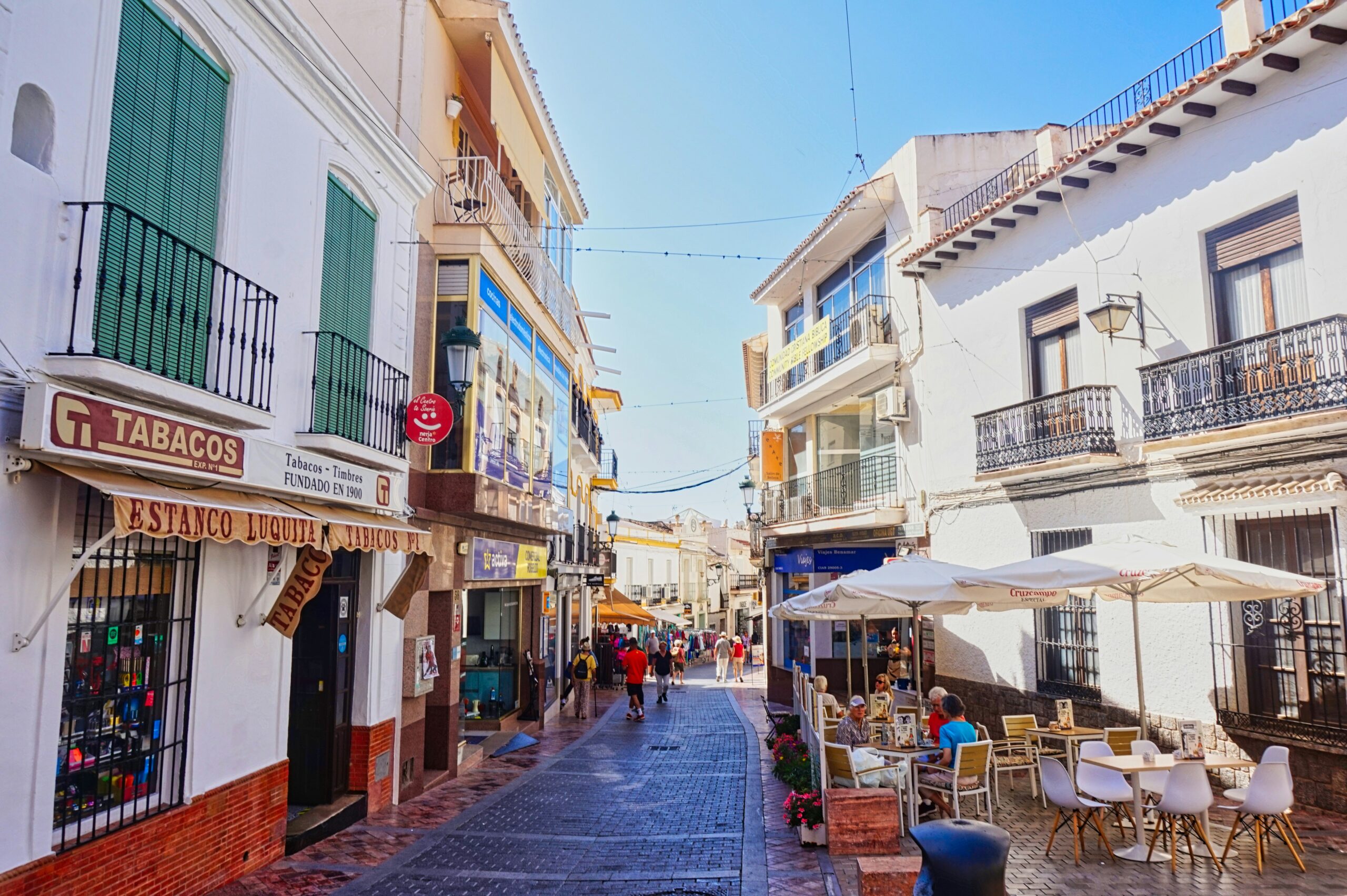 Shopping street in Nerja, Spain one of the top travel destinations 2025