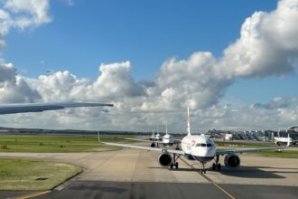 Aircraft lined up at London Heathrow Airport