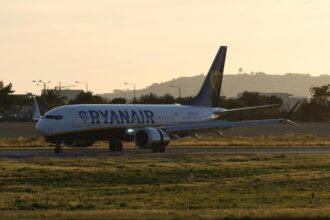 Ryanair aircraft on runway.