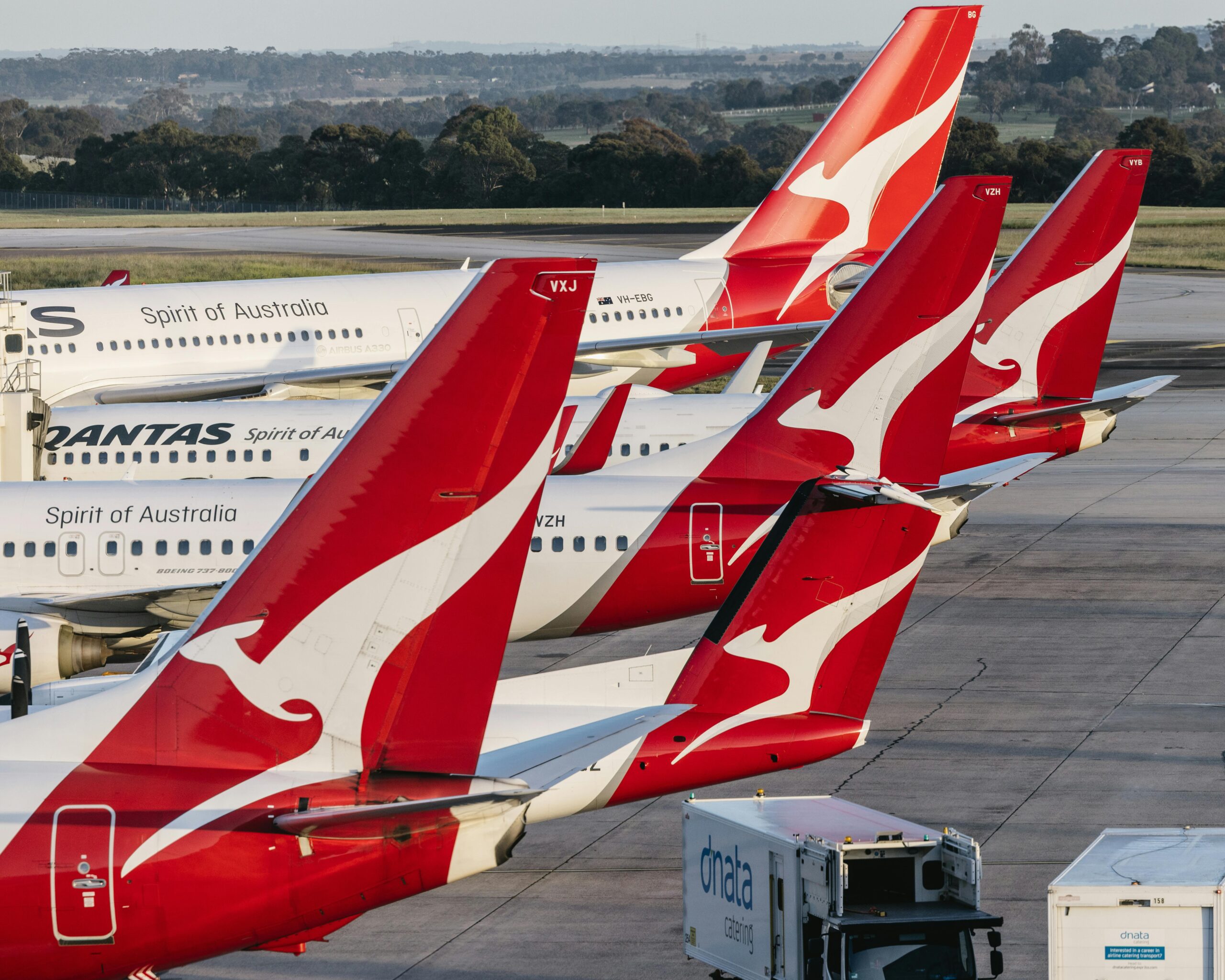 The tails of Qantas aircraft