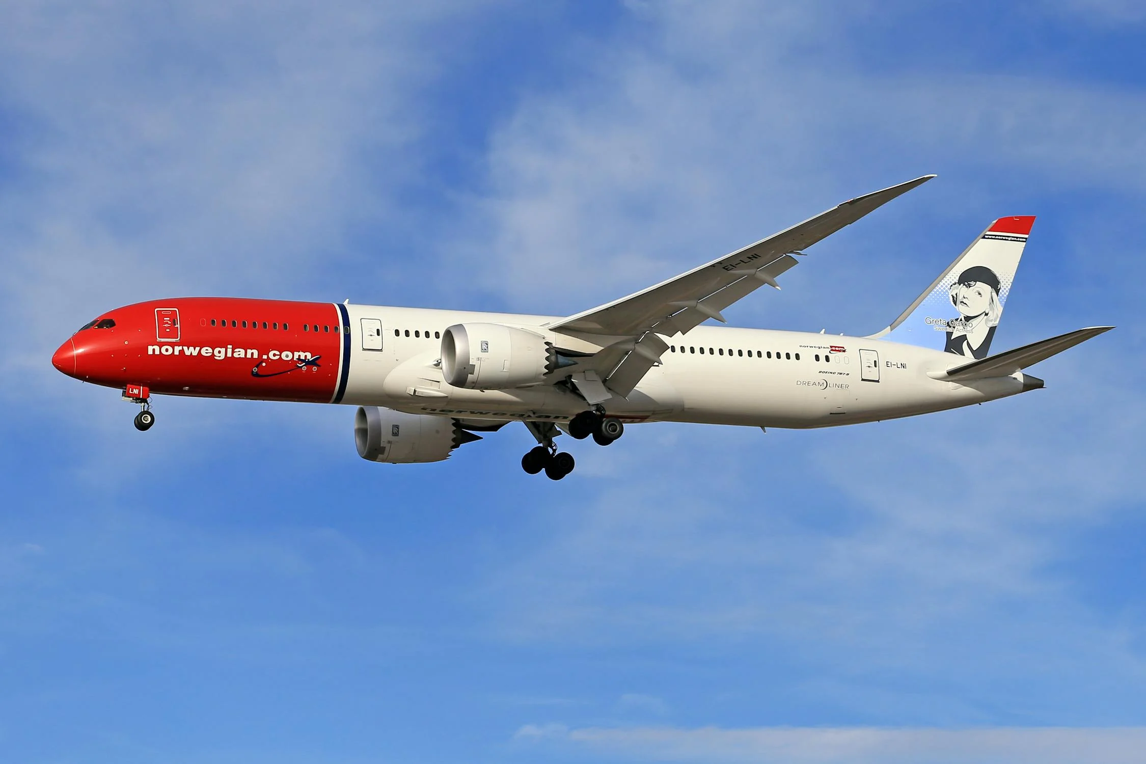A photo of A Norwegian airplane flying