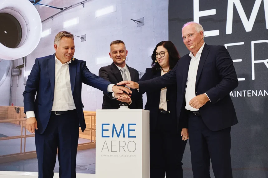 From left to right: Harald Gloy (Chief Operations Officer, Lufthansa Technik), Robert Maślach (Managing Director of Business and CEO, EME Aero), Anneke Troeller (Managing Director of Operations and COO, EME Aero), Michael Schreyögg (Chief Program Officer, MTU Aero Engines)