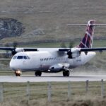 An ATR 72-600 aircraft of Loganair at Sumburgh Airport, Shetland Islands