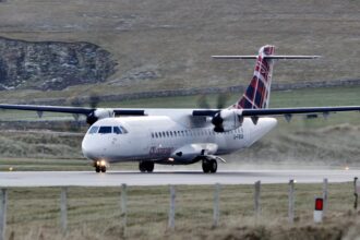 An ATR 72-600 aircraft of Loganair at Sumburgh Airport, Shetland Islands