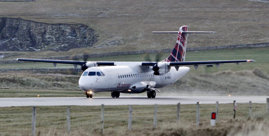 An ATR 72-600 aircraft of Loganair at Sumburgh Airport, Shetland Islands