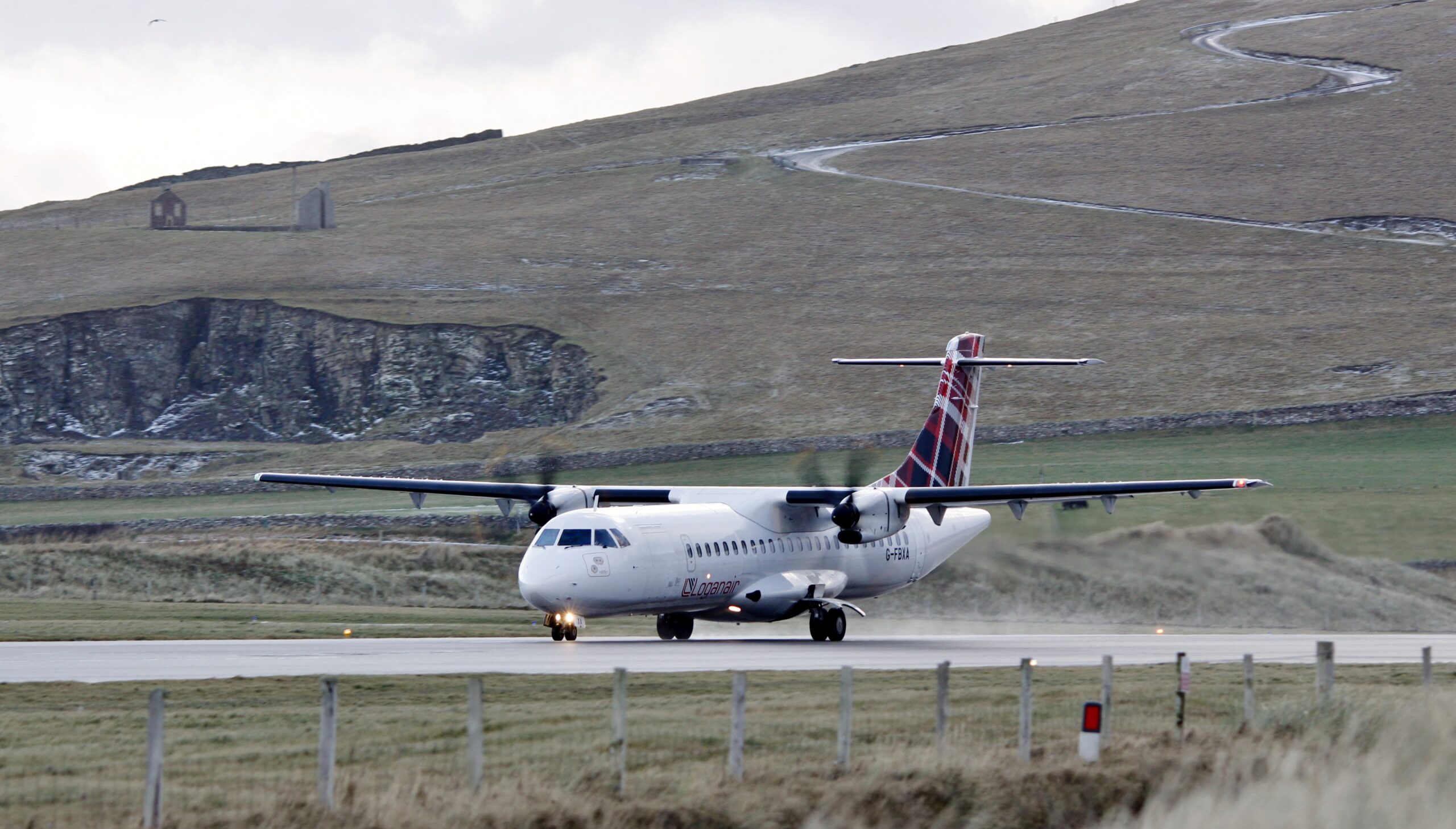 An ATR 72-600 aircraft of Loganair at Sumburgh Airport, Shetland Islands