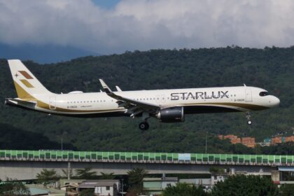 An image of a STARLUX aircraft arriving at Taipei Songshan Airport.