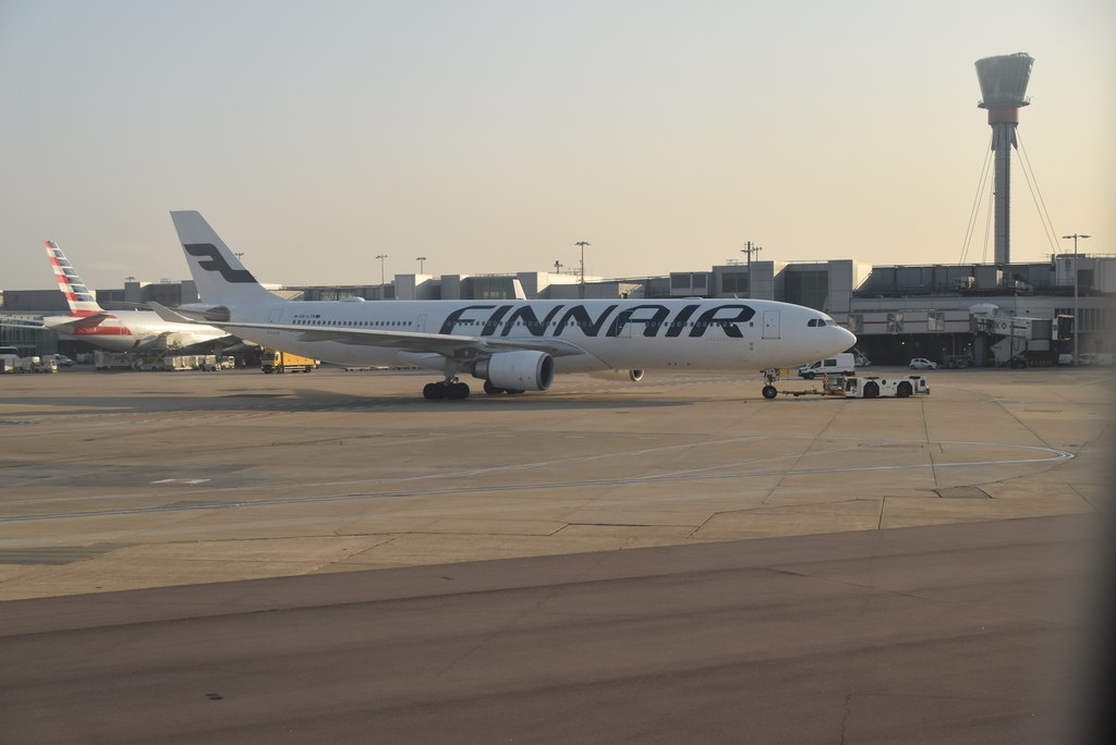 An image of a Finnair Airbus A330-300 from the window of another aircraft at London Heathrow Airport.