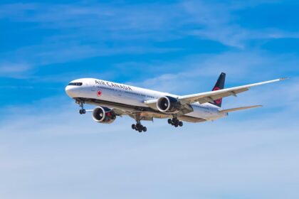 An Air Canada aeroplane mid flight.