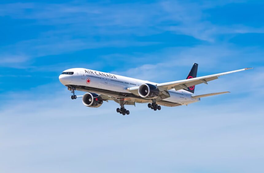 An Air Canada aeroplane mid flight.