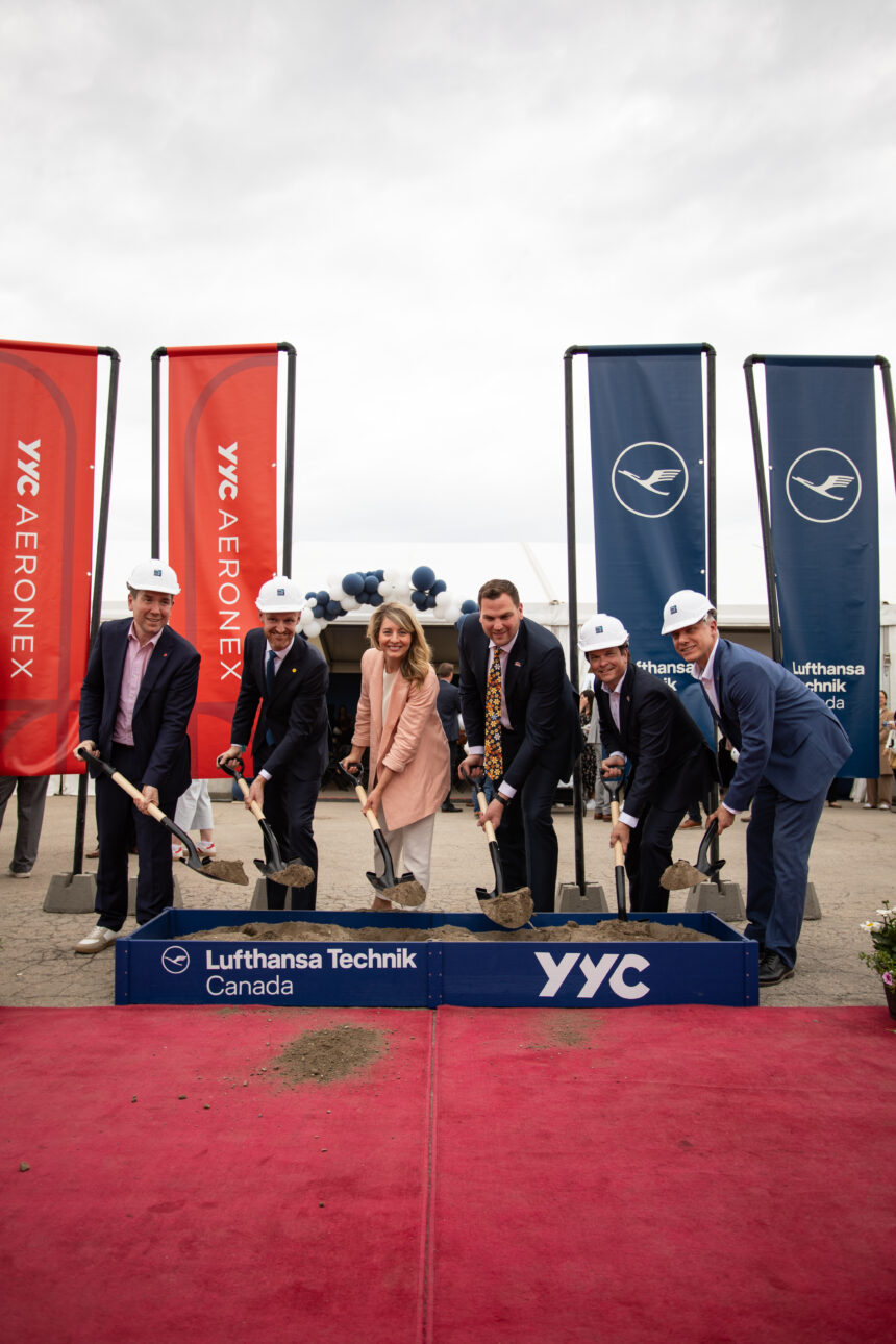 From left to right: Corey Hogan (Member of Parliament and Parliamentary Secretary to the Minister of Energy and Natural Resources), Max Schramm (President and CEO of Lufthansa Technik Canada), Mélanie Joly (Minister of Industry, Government of Canada), Joseph Schow (Minister of Jobs, Economy, Trade and Immigration, Government of Alberta), Georg Fanta (Vice President Commercials Engine Services at Lufthansa Technik) and Chris Dinsdale (President and CEO of Clagary Airports)