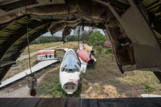 Looking out the back of the Boeing 747 in the Bangkok Airplane Graveyard