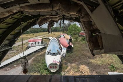 Looking out the back of the Boeing 747 in the Bangkok Airplane Graveyard