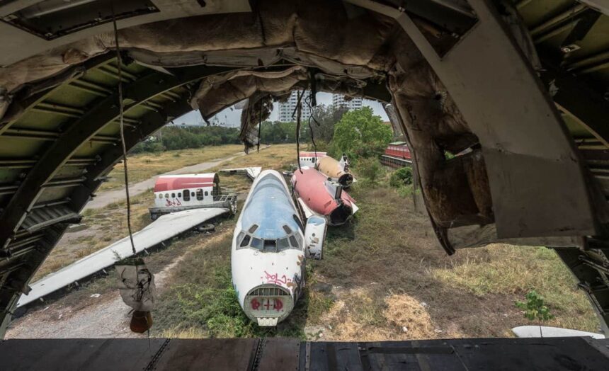 Looking out the back of the Boeing 747 in the Bangkok Airplane Graveyard