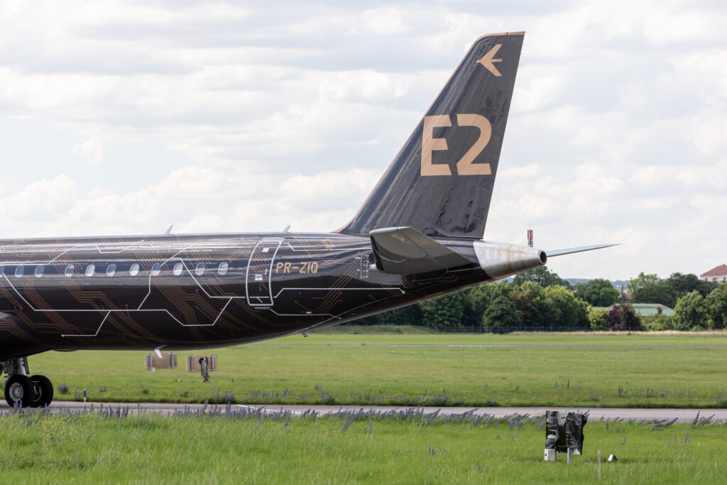 An image of the tail of an Embraer 195-E2 at Paris Air Show 2019