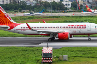 An image of an Air India A320 on the runway.