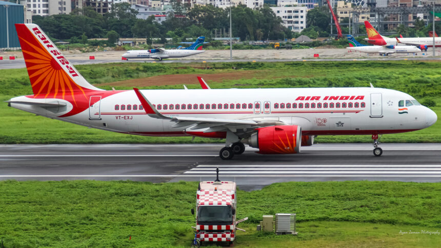An image of an Air India A320 on the runway.