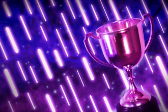 An image of a trophy over a blue and purple background