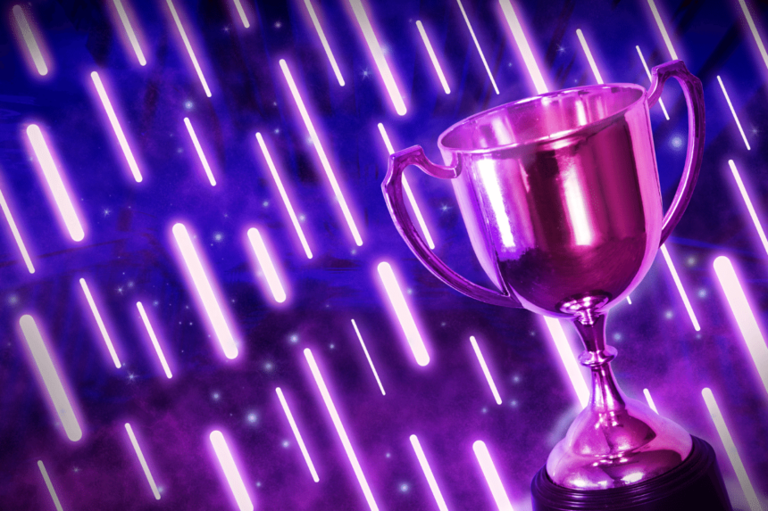 An image of a trophy over a blue and purple background