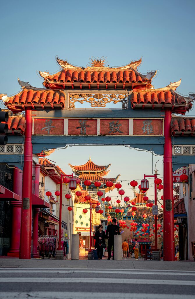 An image of traditional Chinese-inspired gates leading into Chinatown, Los Angeles