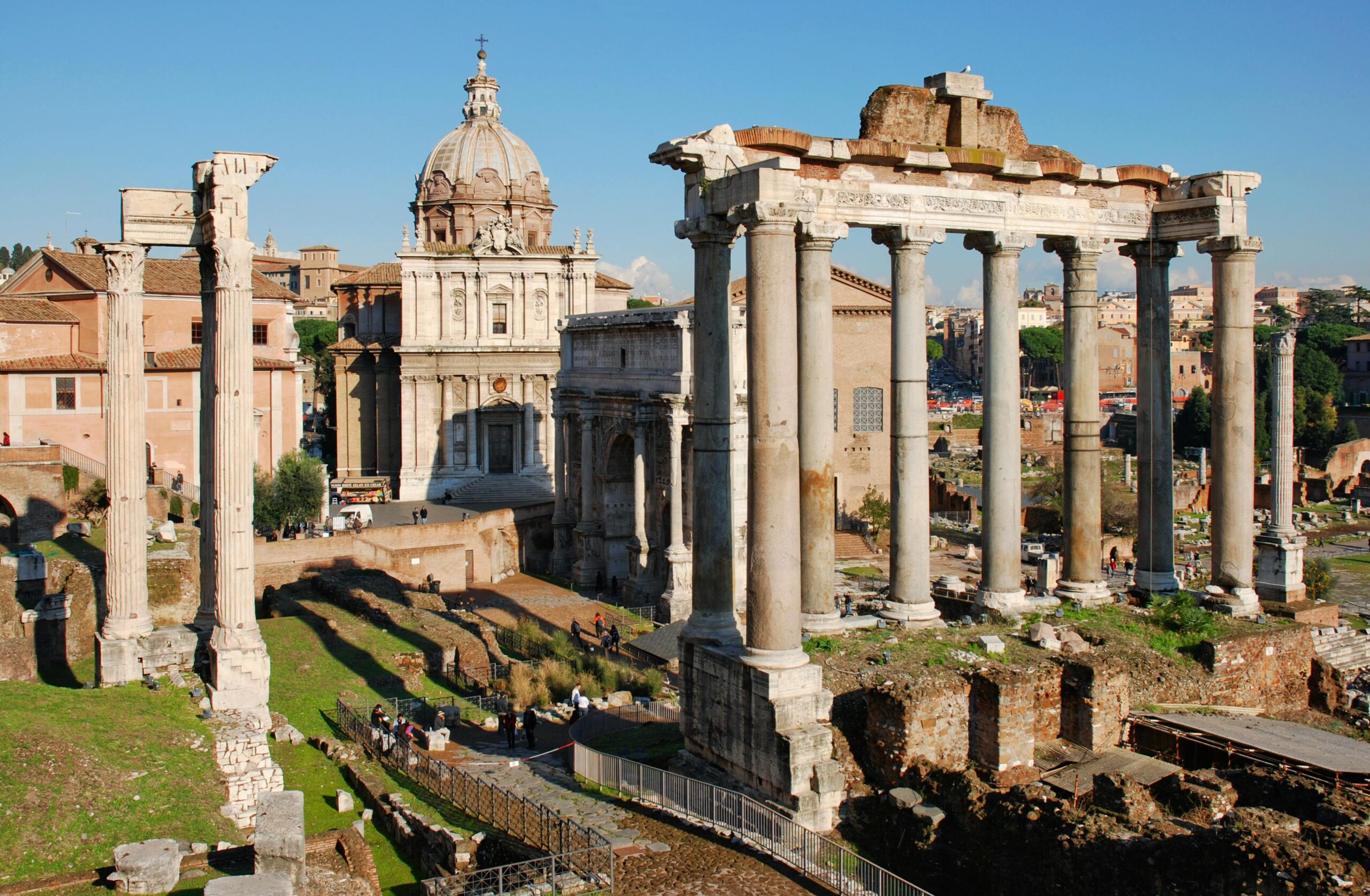An image of the Roman Forum, with ruins of several ancient Roman buildings visible.