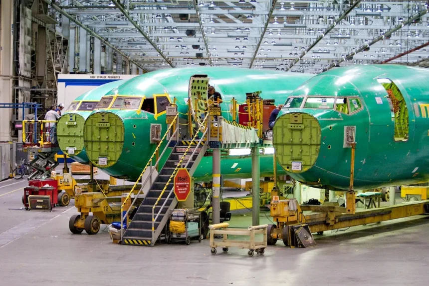 Boeing 737 fuselage sections sit on the assembly floor at Spirit AeroSystems in Wichita, Kan. Boeing, Airbus and Spirit reached a deal to break up the troubled supplier and split the business.