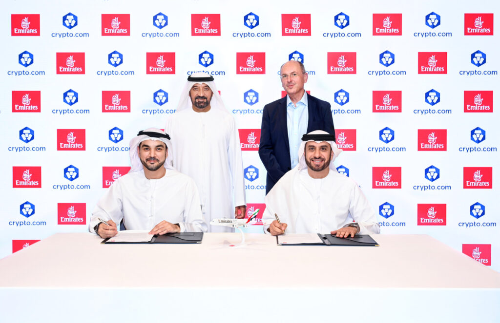 Emirates and Crypto.com signs a Memorandum of Understanding - From left to right, front to back: Mohammed Al Hakim; Adnan Kazim, His Highness Sheikh Ahmed bin Saeed Al Maktoum; and Michael Doersam